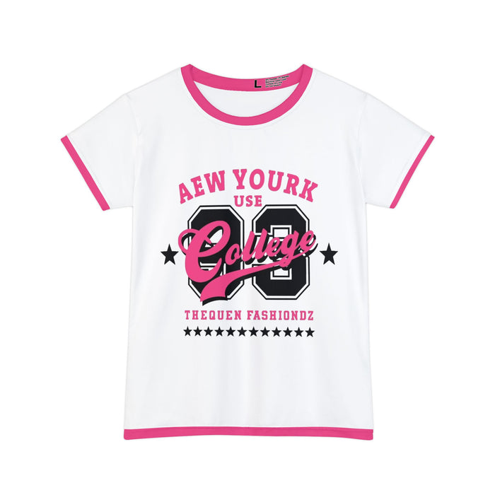 College 89 Pink Ringer Tee — Women's Retro Varsity Short Sleeve Shirt