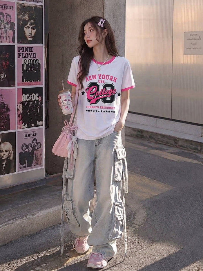 College 89 Pink Ringer Tee — Women's Retro Varsity Short Sleeve Shirt