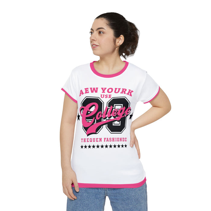 College 89 Pink Ringer Tee — Women's Retro Varsity Short Sleeve Shirt