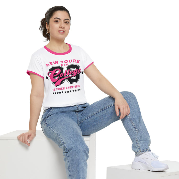 College 89 Pink Ringer Tee — Women's Retro Varsity Short Sleeve Shirt