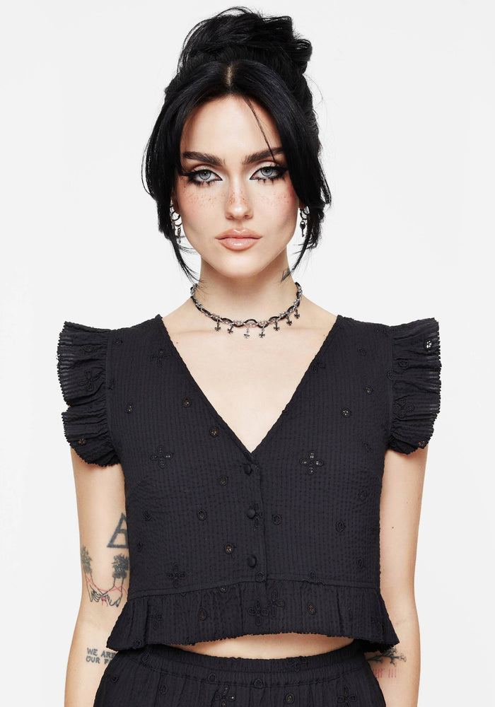 Crux Broderie Button Up Sleeveless Blouse Top