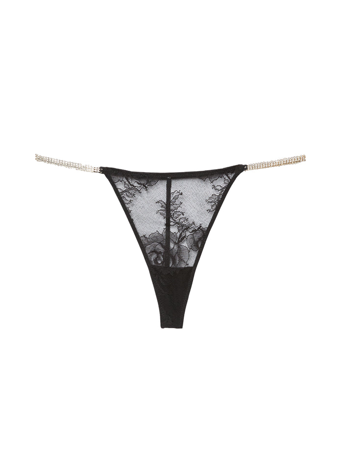 Crystal Bouquet Lace V-String-black-flat