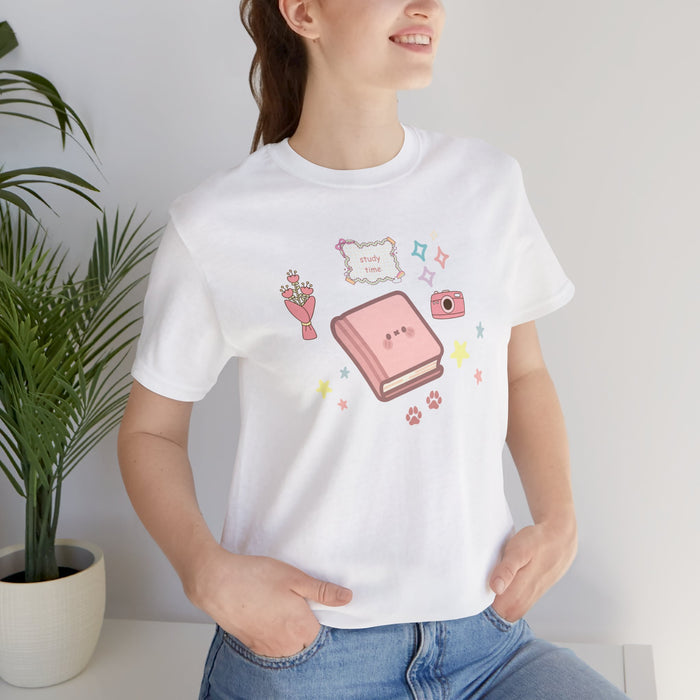 Cute Kawaii Journal Tee — Pastel Book, Camera & Flowers Graphic T-Shirt