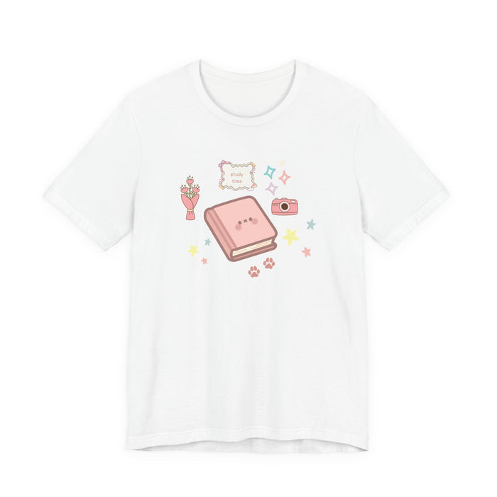 Cute Kawaii Journal Tee — Pastel Book, Camera & Flowers Graphic T-Shirt
