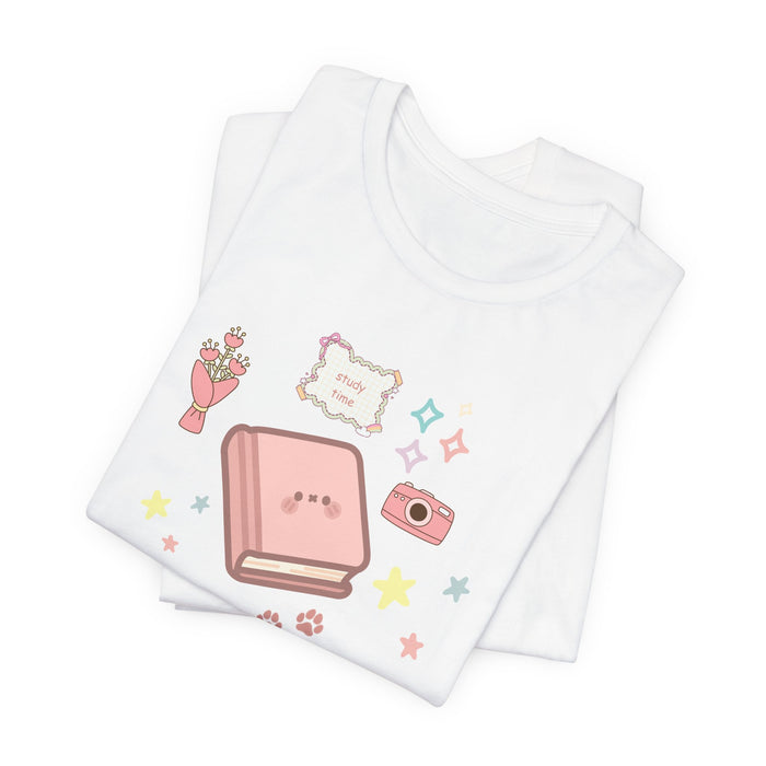 Cute Kawaii Journal Tee — Pastel Book, Camera & Flowers Graphic T-Shirt