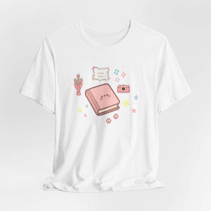 Cute Kawaii Journal Tee — Pastel Book, Camera & Flowers Graphic T-Shirt