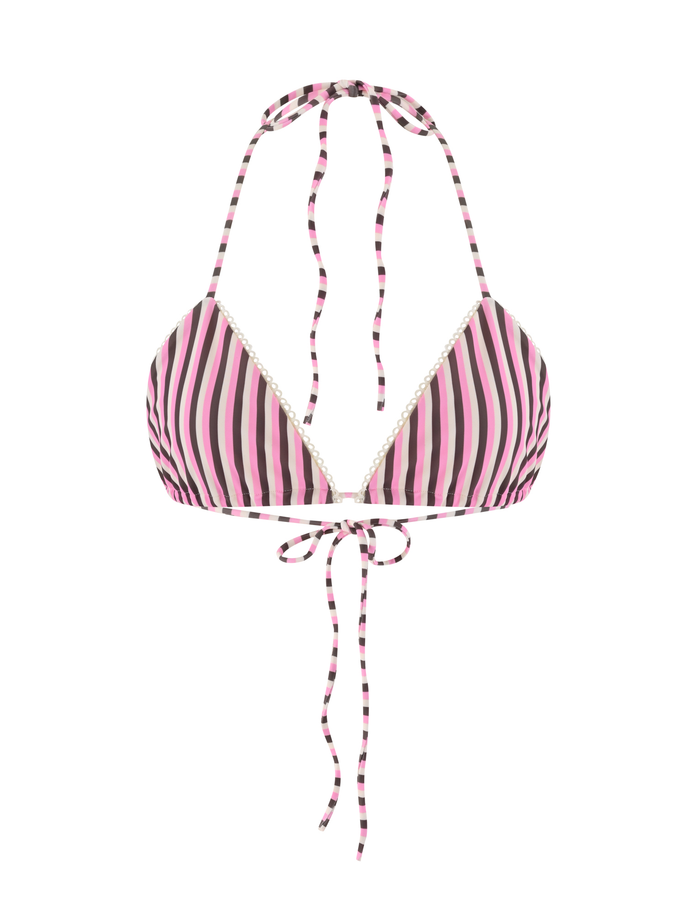 The TIGERMIST DAZZLE BIKINI TOP - STRIPE features high-stretch fabric with pink, black, and white vertical stripes, plus adjustable halter neck and back ties for a custom fit.