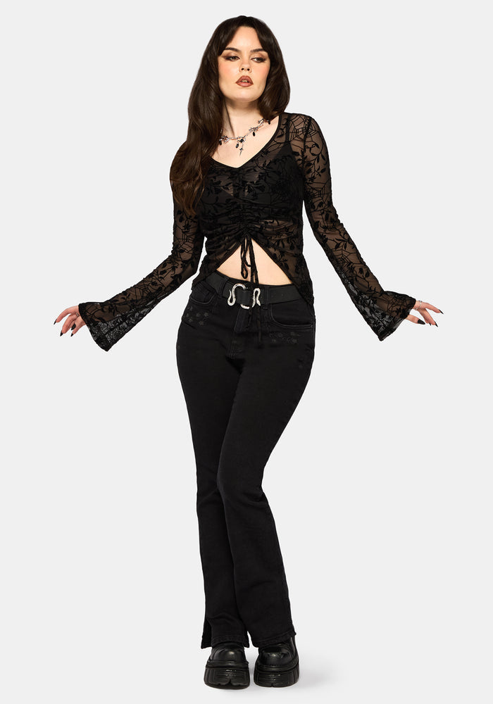Deadly Nightshade Flocked Mesh Ruched Top
