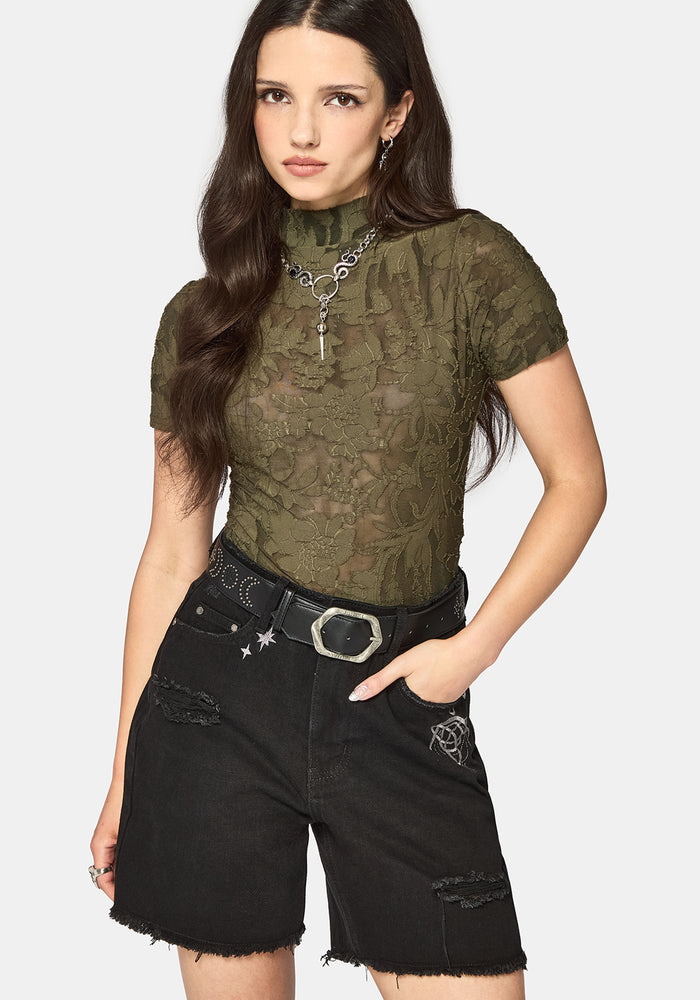 Demi Devore Short Sleeve Bodysuit - Khaki