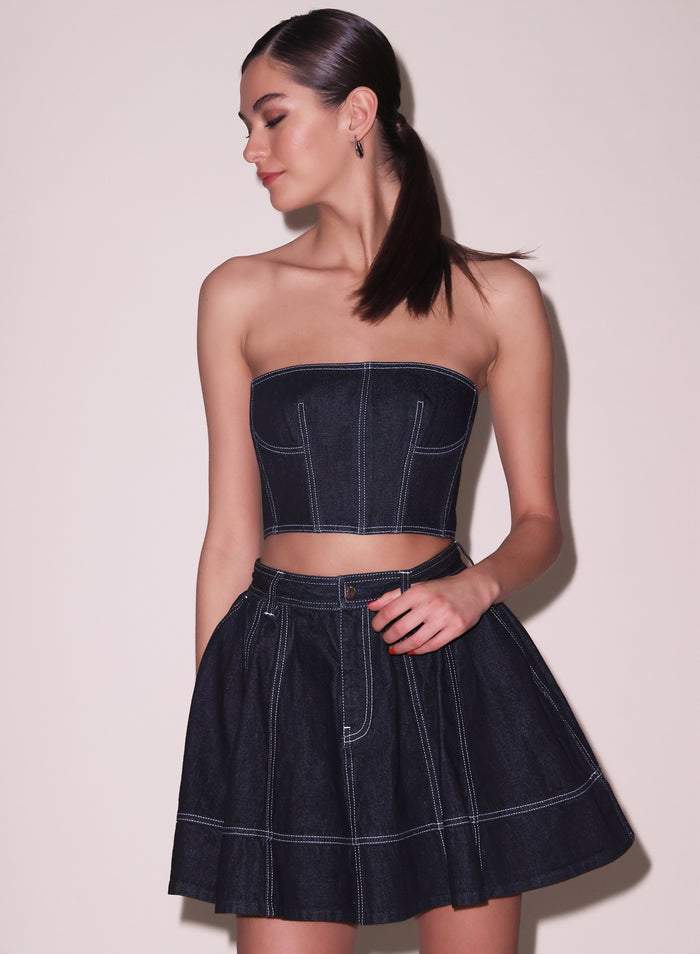 Denim Cropped Bustier-dark wash denim-flat