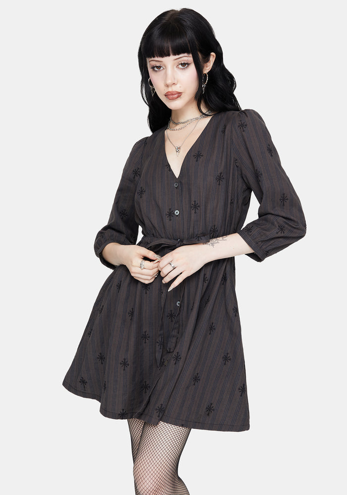 Diana Cotton Blend Stripe Cross Embroidered Mini Dress