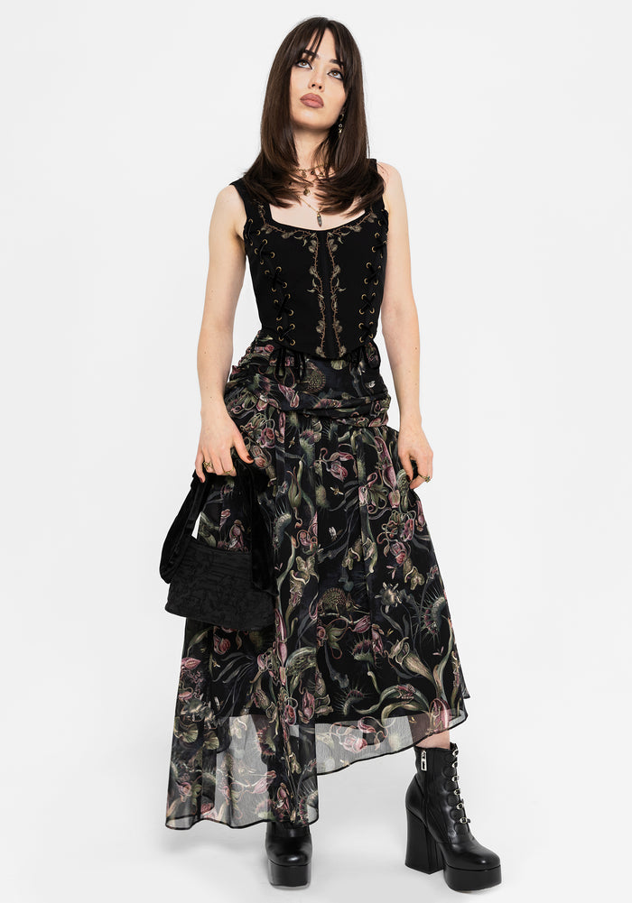 Dionaea Flytrap Print Asymmetric Midaxi Skirt