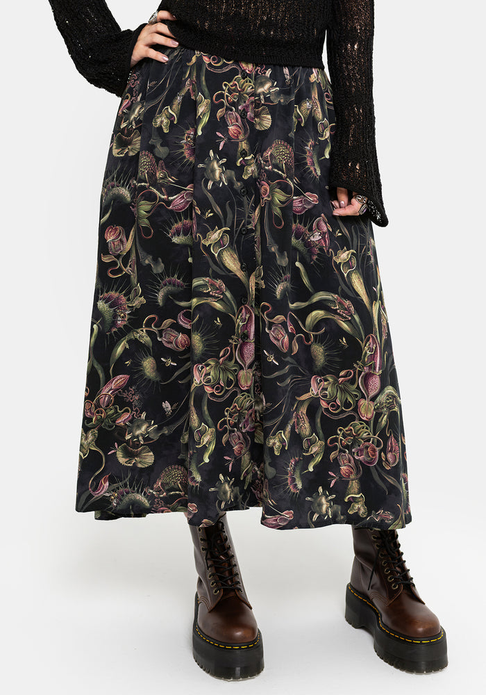 Dionaea Flytrap Print Viscose Midi Skirt