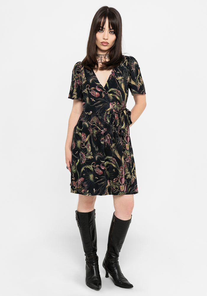 Dionaea Flytrap Print Wrap Mini Dress