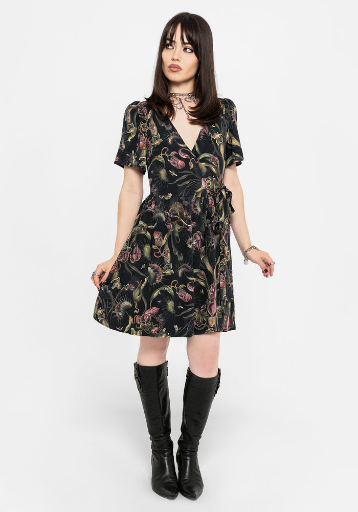 Dionaea Flytrap Print Wrap Mini Dress