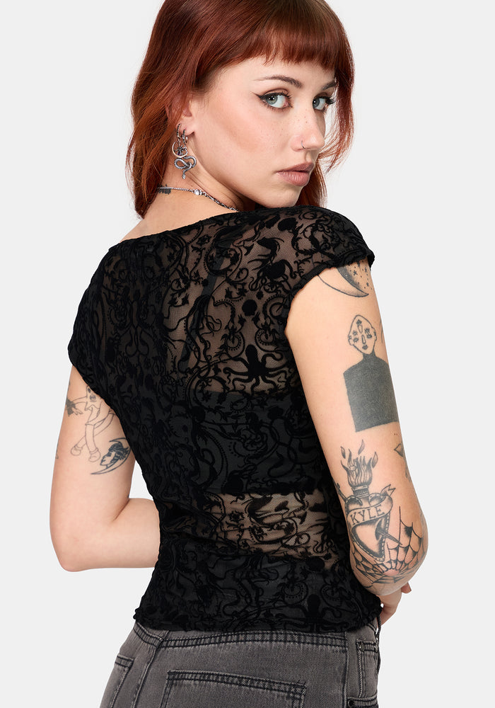 Drakona Cap Sleeve Mesh Flocked Top
