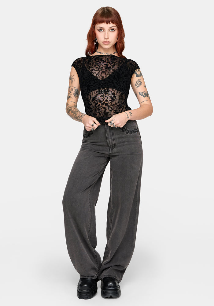 Drakona Cap Sleeve Mesh Flocked Top