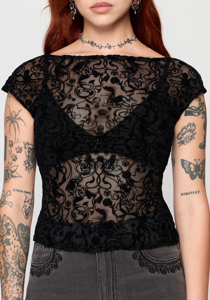 Drakona Cap Sleeve Mesh Flocked Top