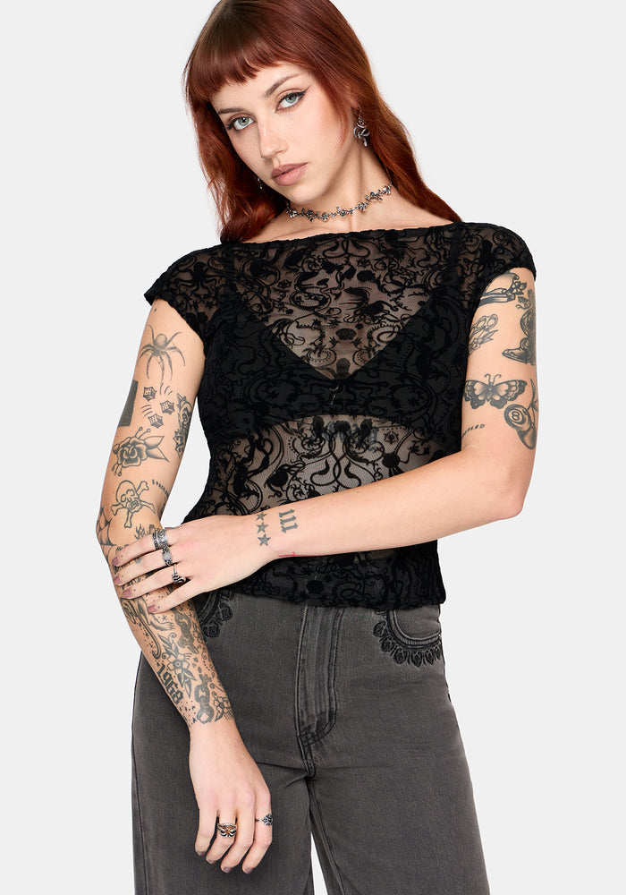Drakona Cap Sleeve Mesh Flocked Top