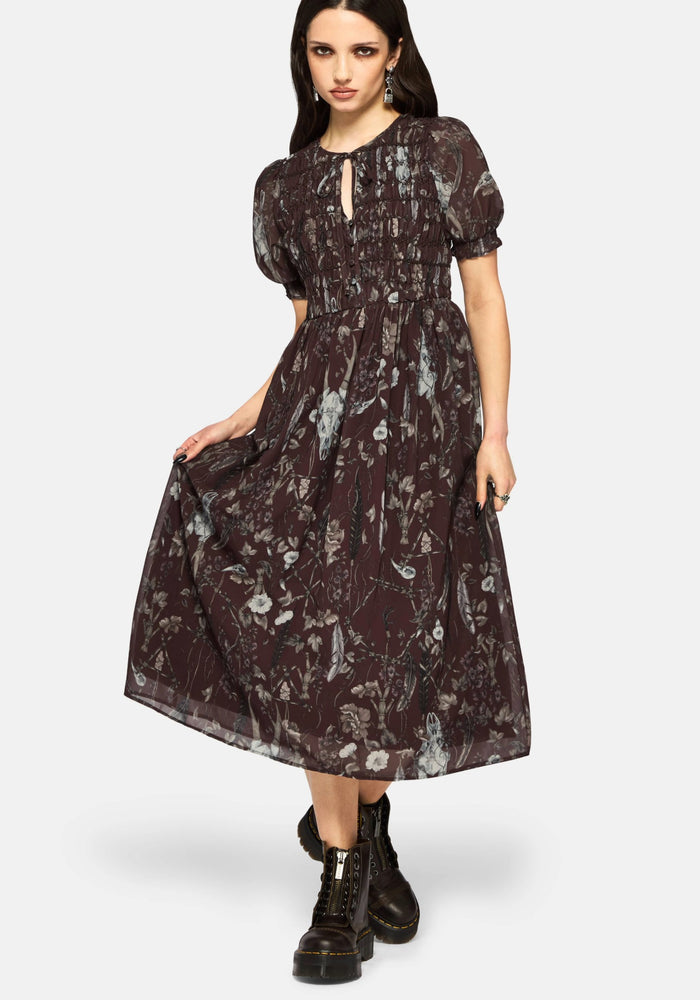 Dusha Garden Print Chiffon Shirred Button Down Midi Dress