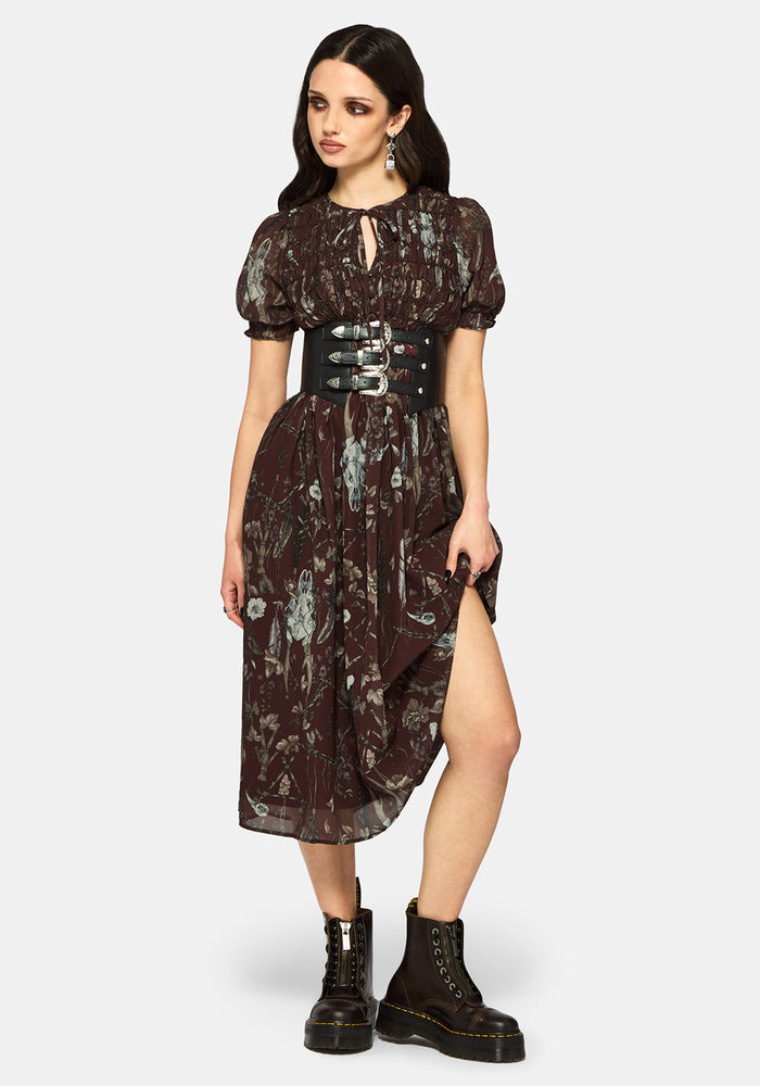 Dusha Garden Print Chiffon Shirred Button Down Midi Dress