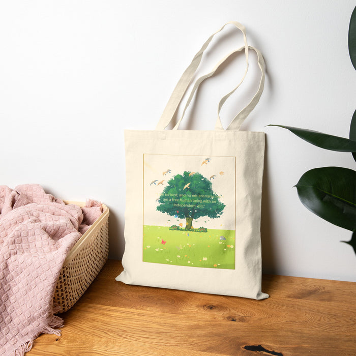 Eco Canvas Tote — Green Tree Illustration Tote Bag (Nature, Birds & Meadow)