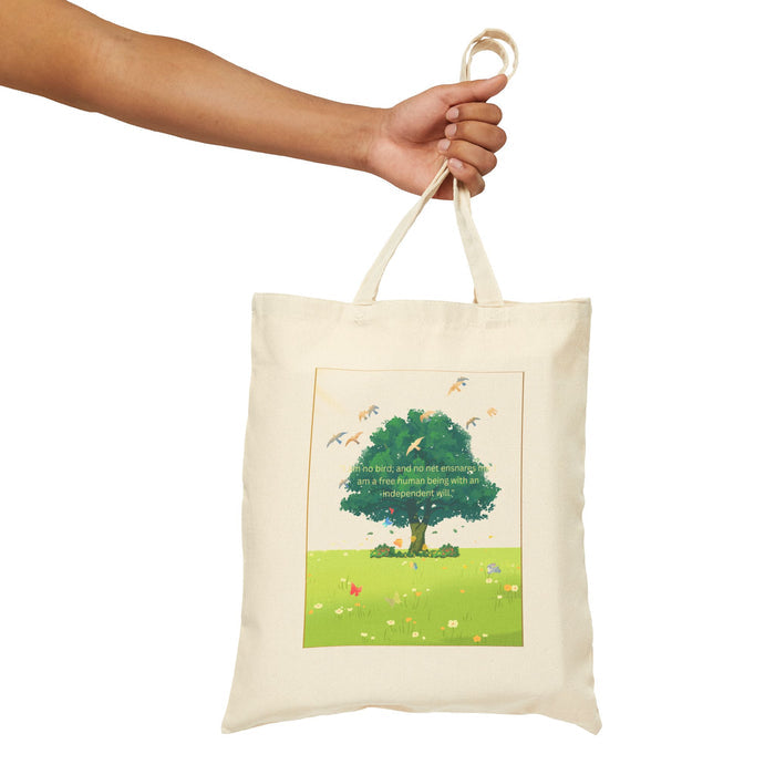 Eco Canvas Tote — Green Tree Illustration Tote Bag (Nature, Birds & Meadow)