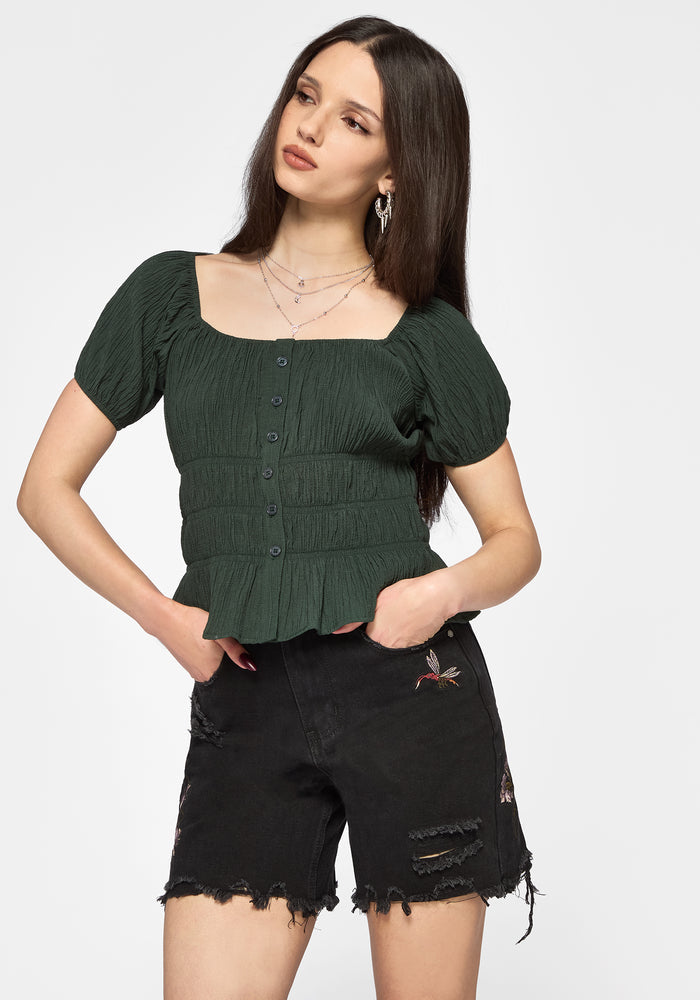 Elio Crinkle Embroidered Top