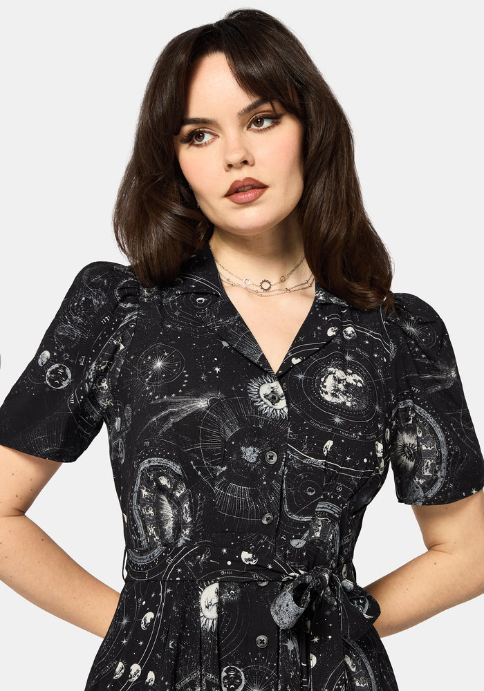 Elise Celestial Print Puff Sleeve Midaxi Shirt Dress US 6