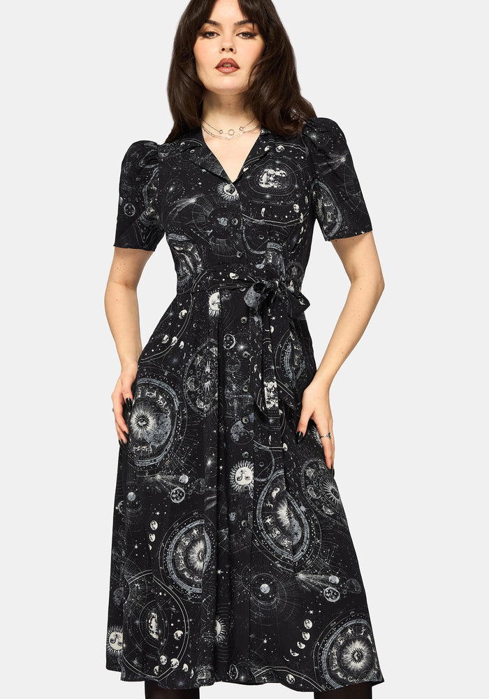 Elise Celestial Print Puff Sleeve Midaxi Shirt Dress US 6
