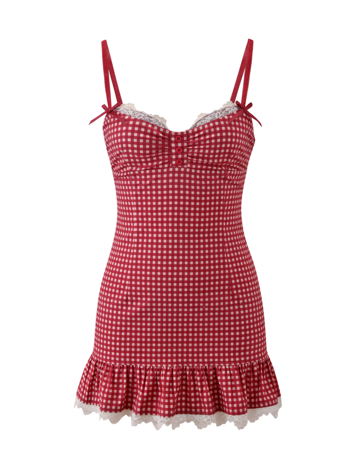 The EMMALINE MINI DRESS by TIGERMIST features a red gingham print, lace trim, spaghetti straps with small shoulder bows, button chest details, and a ruffled hem for a sweet and flirty look.