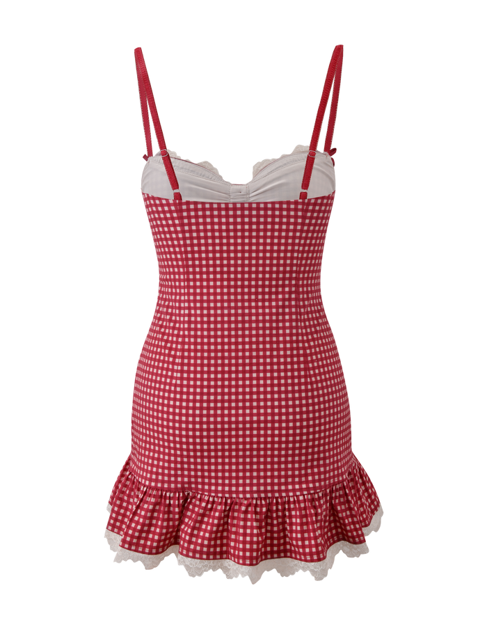 The EMMALINE MINI DRESS by TIGERMIST features a red and white gingham print, sleeveless design with spaghetti straps, fitted bodice, ruffled hem with white lace trim for a playful, vintage-inspired look.