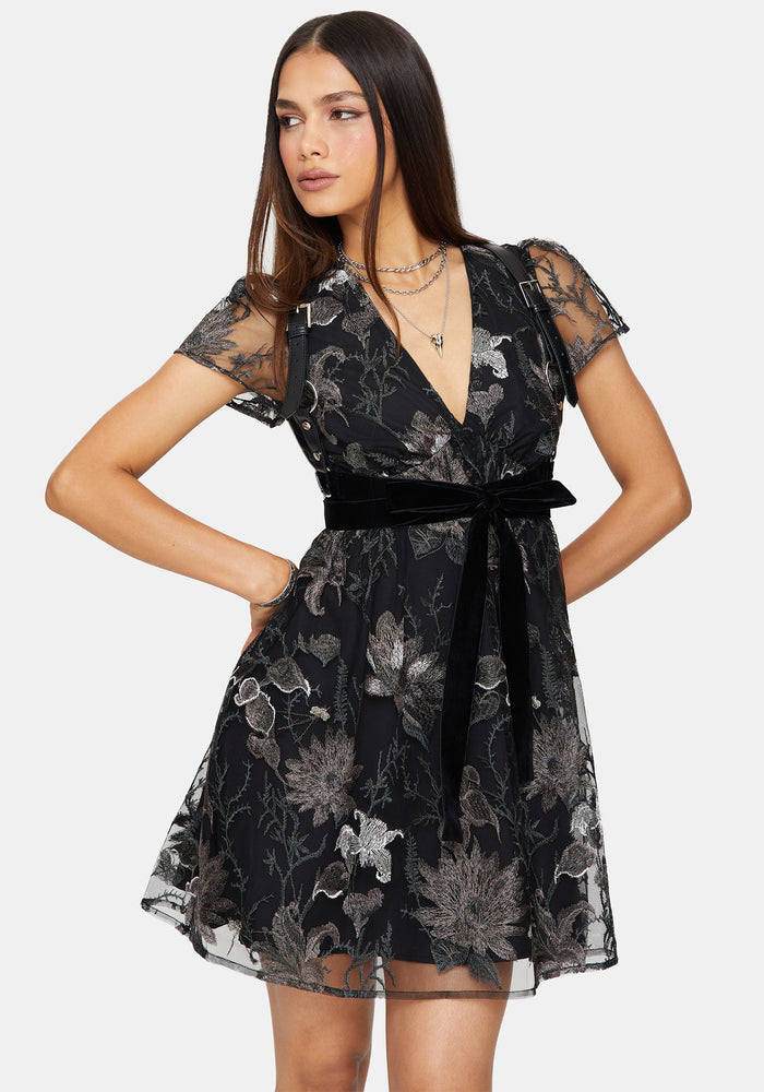 Estrid Embroidered Mesh Flute Sleeve Mini Dress - Silver