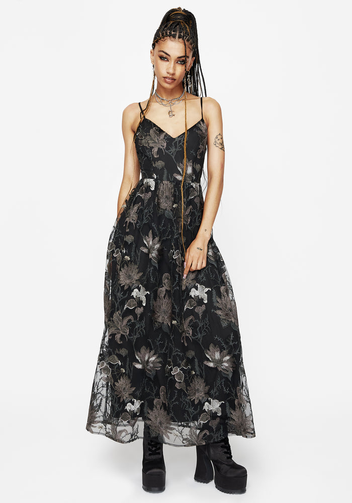 Estrid Embroidered Mesh Midaxi Cami Dress - Silver