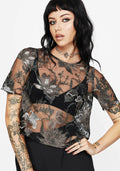 Estrid Embroidered Mesh Tie Back Blouse Top - Silver
