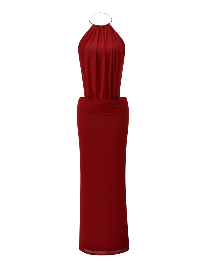 The TIGERMIST EVANNA MAXI DRESS - RED is a sleeveless, floor-length maxi dress with a high gathered neckline and fitted waist, shown against a plain white background.