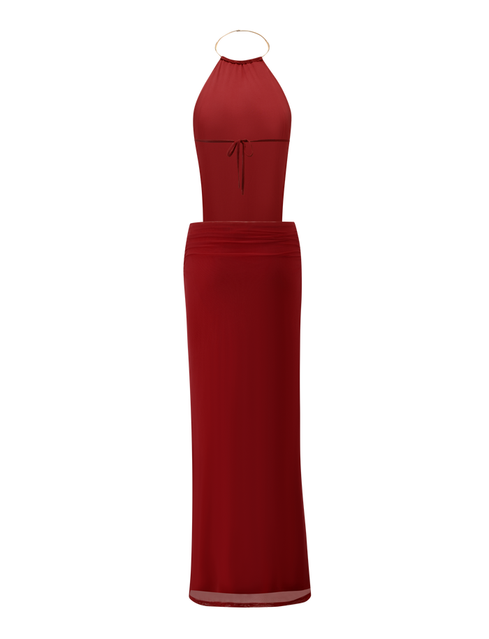 The TIGERMIST EVANNA MAXI DRESS - RED is a sleeveless, floor-length high neck maxi dress with a gold neck ring, keyhole neckline with tie, fitted silhouette, elegant open back, and smooth luxurious fabric.