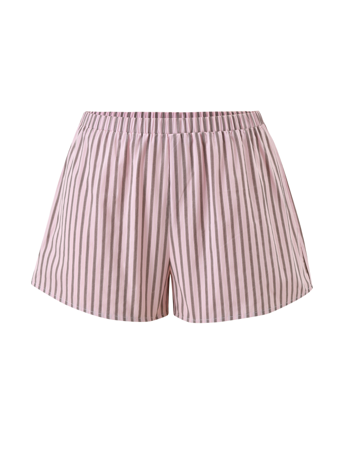 The EZRA SHORT - PINK STRIPE by TIGERMIST features pink and white vertical stripes, a high-waisted elastic waistband, and a relaxed fit, shown against a white background.