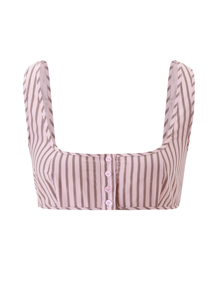 The EZRA TOP - PINK STRIPE by TIGERMIST is a vintage-inspired crop top with a square neckline, vertical brown stripes on light pink, and pink buttons. Pair it with the matching Ezra Short for a coordinated look.