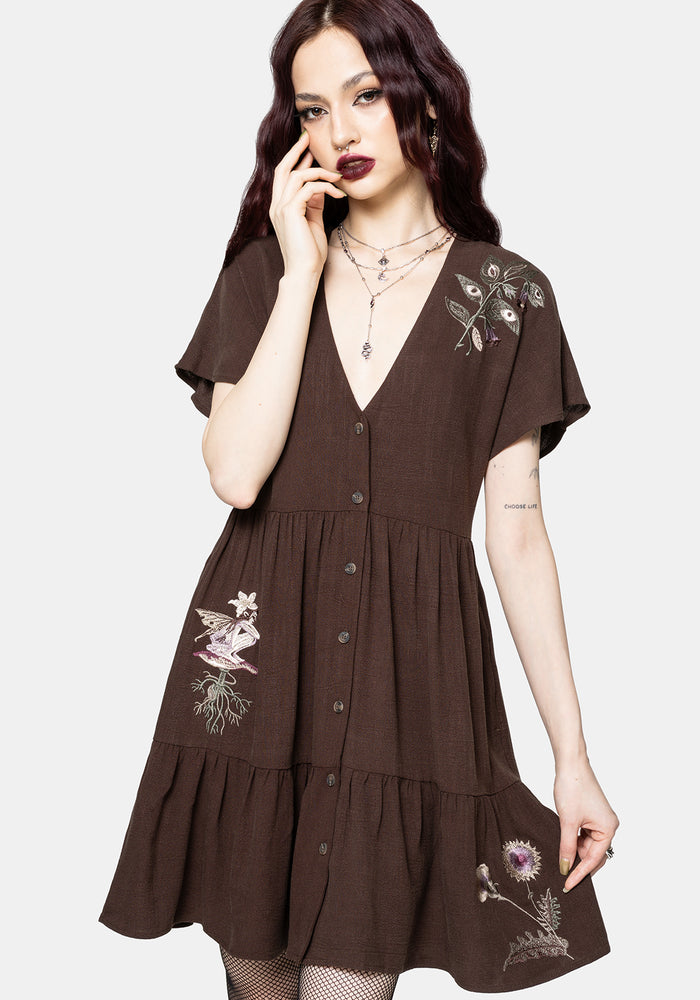 Faela Fairy Embroidered Button Up V-Neck Peplum Mini Dress US 2