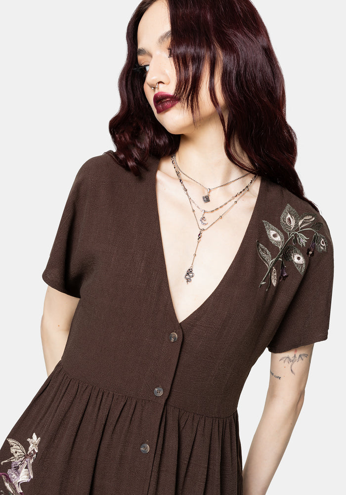 Faela Fairy Embroidered Button Up V-Neck Peplum Mini Dress US 2