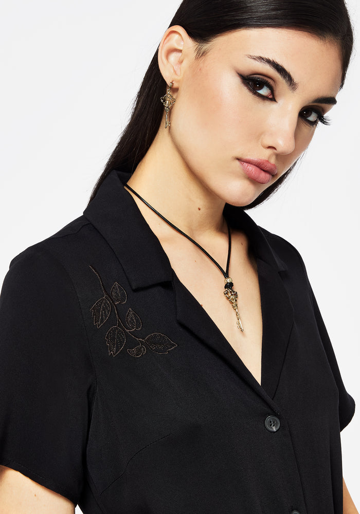Fairfolk Floral Embroidery Tie Waist Button Down Midi Shirt Dress