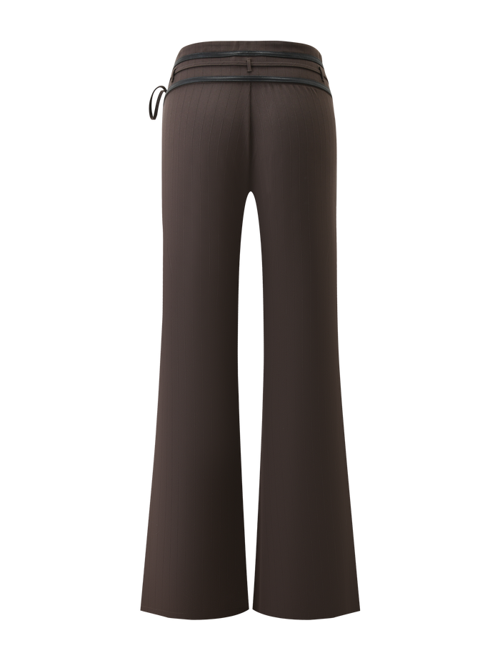 Back view of the TIGERMIST FEDRA PANT - CHOCOLATE, a high-waisted, tailored suit pant with subtle vertical pinstripes and a black belt detail at the waistband, shown on a white background.
