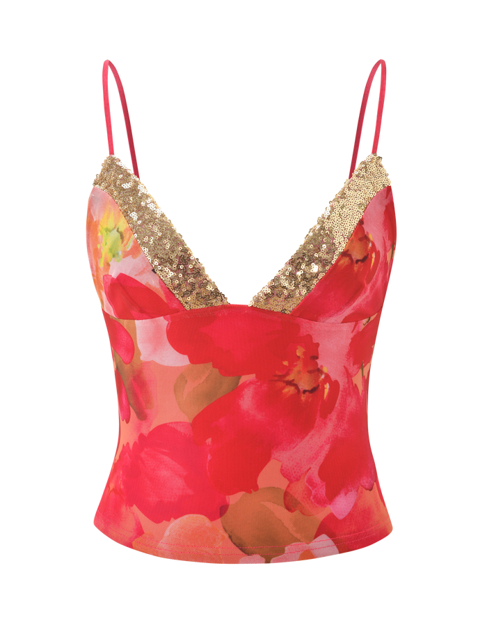The FENELLA TOP - DAIQUIRI FLORAL by TIGERMIST is a fitted cami with thin straps, featuring a bold red and pink floral print and a deep V-neckline embellished with gold sequins.