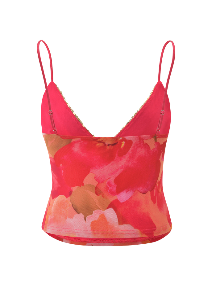 The FENELLA TOP - DAIQUIRI FLORAL by TIGERMIST is a sleeveless, fitted mesh cami with thin straps, featuring a vibrant abstract floral pattern in red, pink, orange, and yellow on a white background.