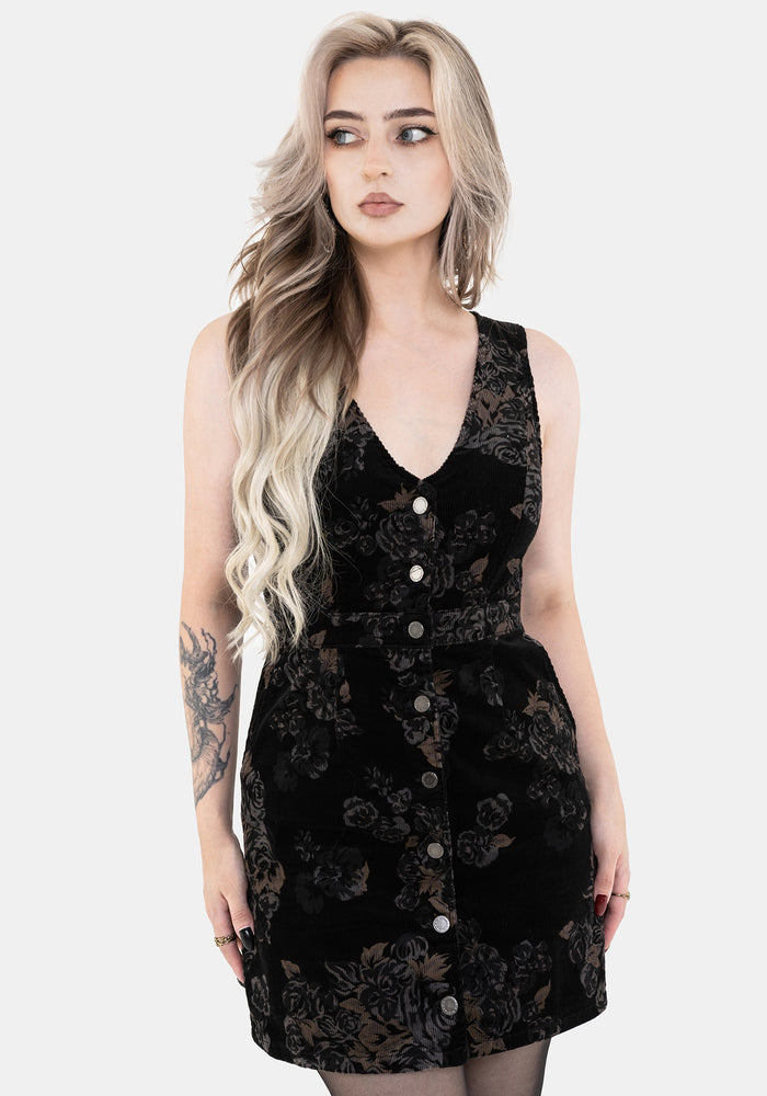 Fleur Corduroy Deep V Neck Floral Print Mini Dress