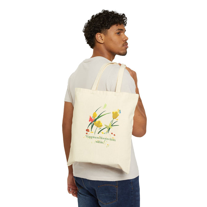 Floral 'Happiness Blooms Within' Canvas Tote Bag