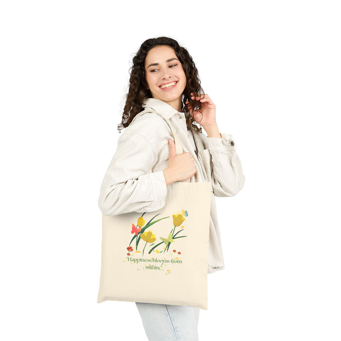Floral 'Happiness Blooms Within' Canvas Tote Bag
