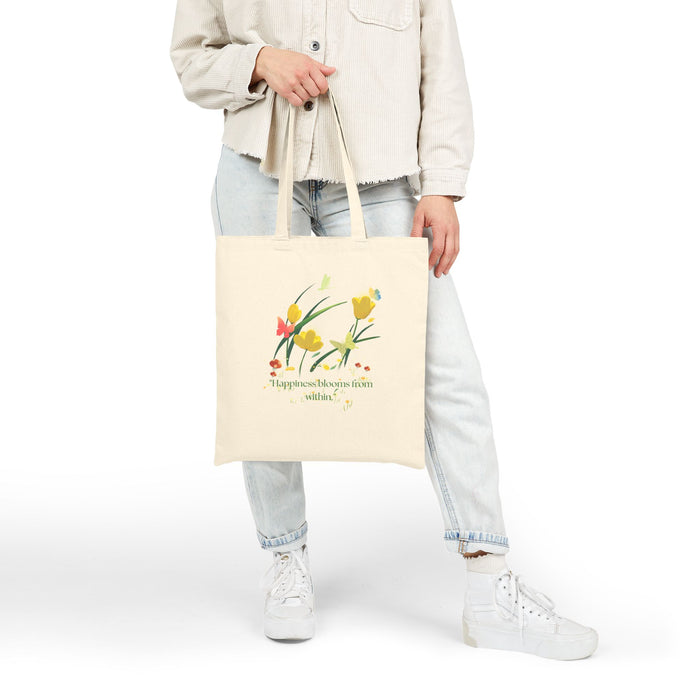 Floral 'Happiness Blooms Within' Canvas Tote Bag