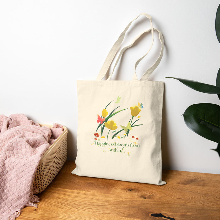 Floral 'Happiness Blooms Within' Canvas Tote Bag